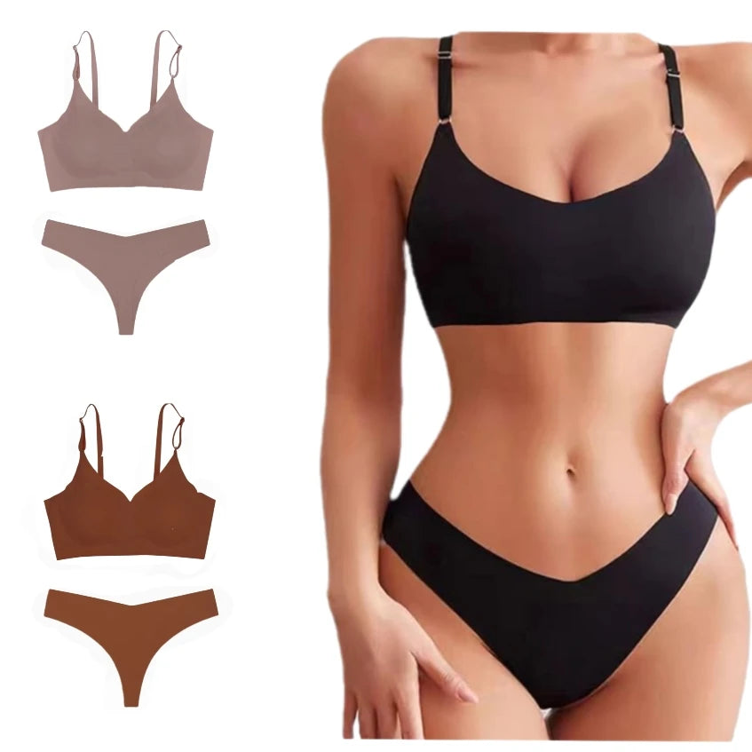 Seamless Bralettes Lingerie Sets Comfortable No Show V Neck Bras Panty Thongs Sets Push up Bra and Panty Sets for Women