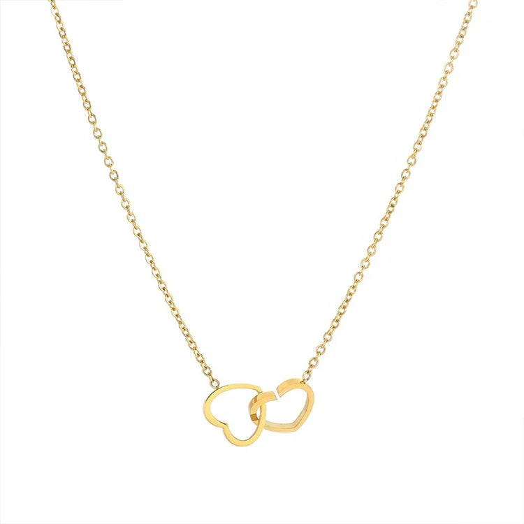 Hot Sale Fashion Jewelry Stainless Steel Pendant Gold Chain Double Heart Hollow Out Interlocking Charm Necklaces for Women Gift