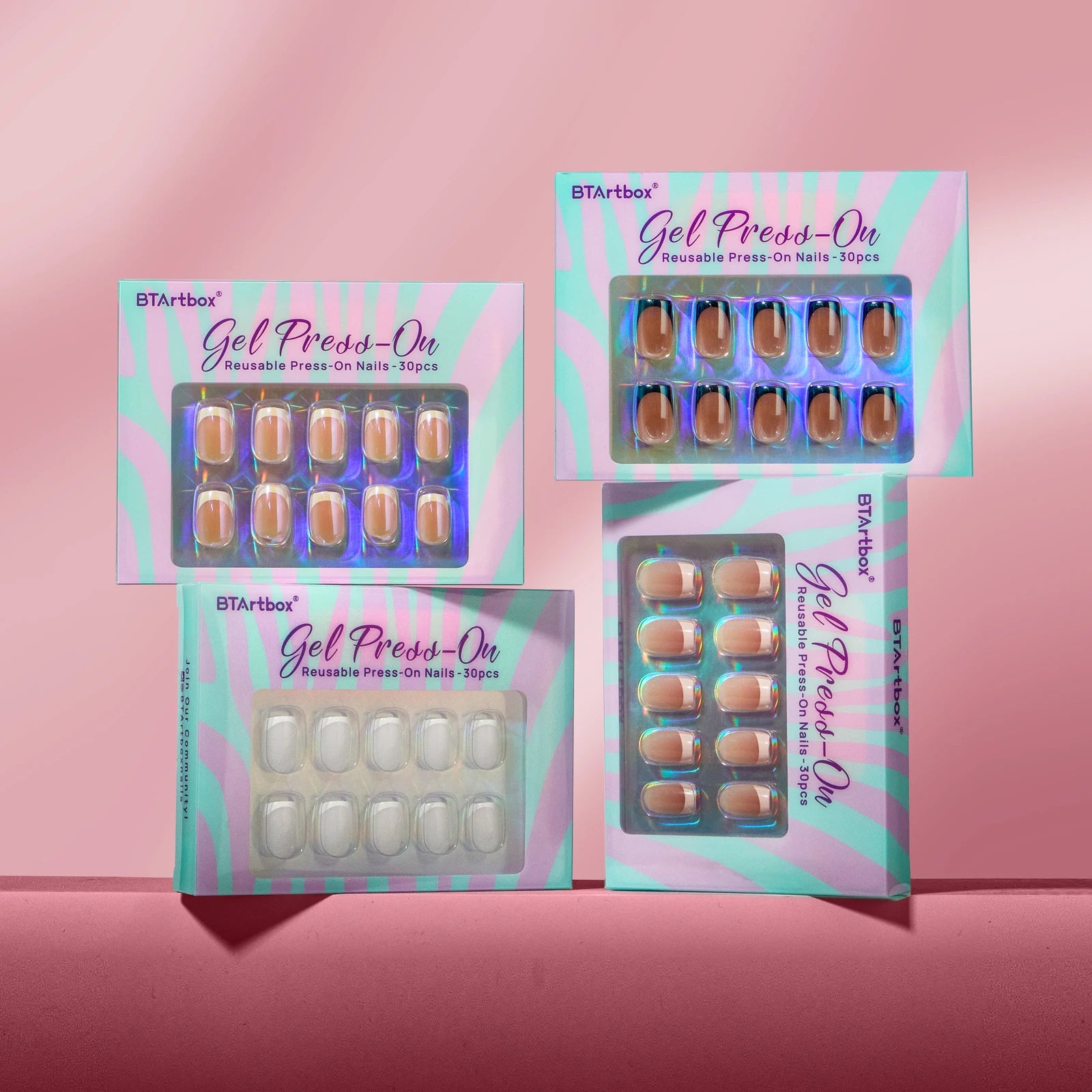 BTArtbox Short Square Fake False Nails Press on Wholesale Soft Gel Handmade Custom Design French Tip Stick Press on Nails Cases