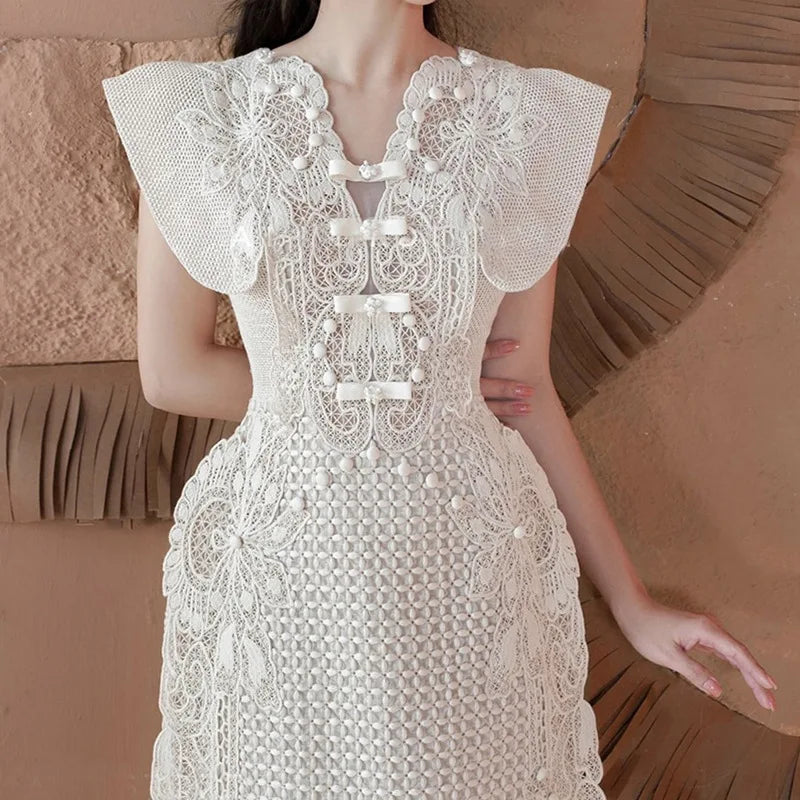 Vietnam Niche Design Floral Embroidery Lace Short Dress 2024 Summer New Slim Elegant Women Dress