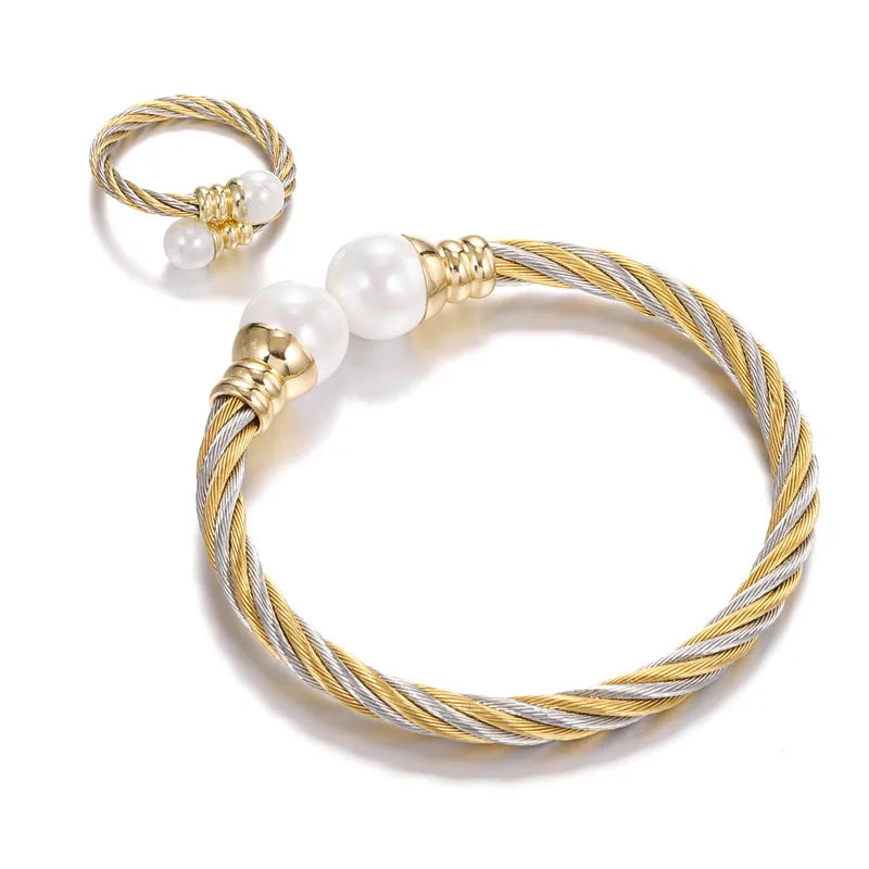Custom Luxury Turkish Adjustable Stainless Steel Gold Pearl Bracelet Ring Set