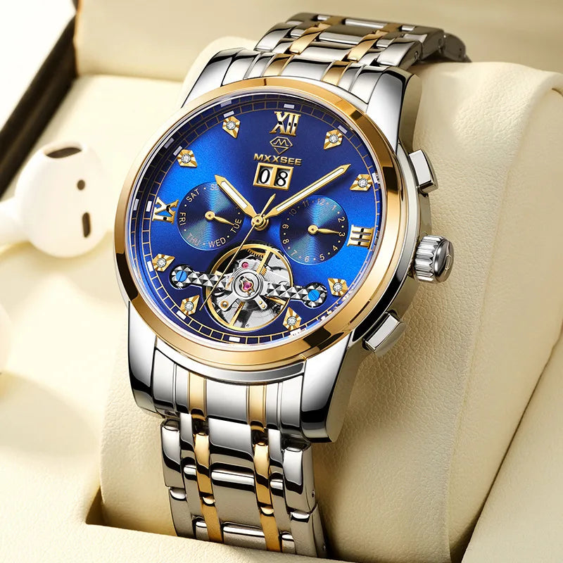 Luxury Sterling Original Stainless Steel Men Mechanical Hollow Turbillon Winder Automatic Skeleton Watch With Visible Mechanism