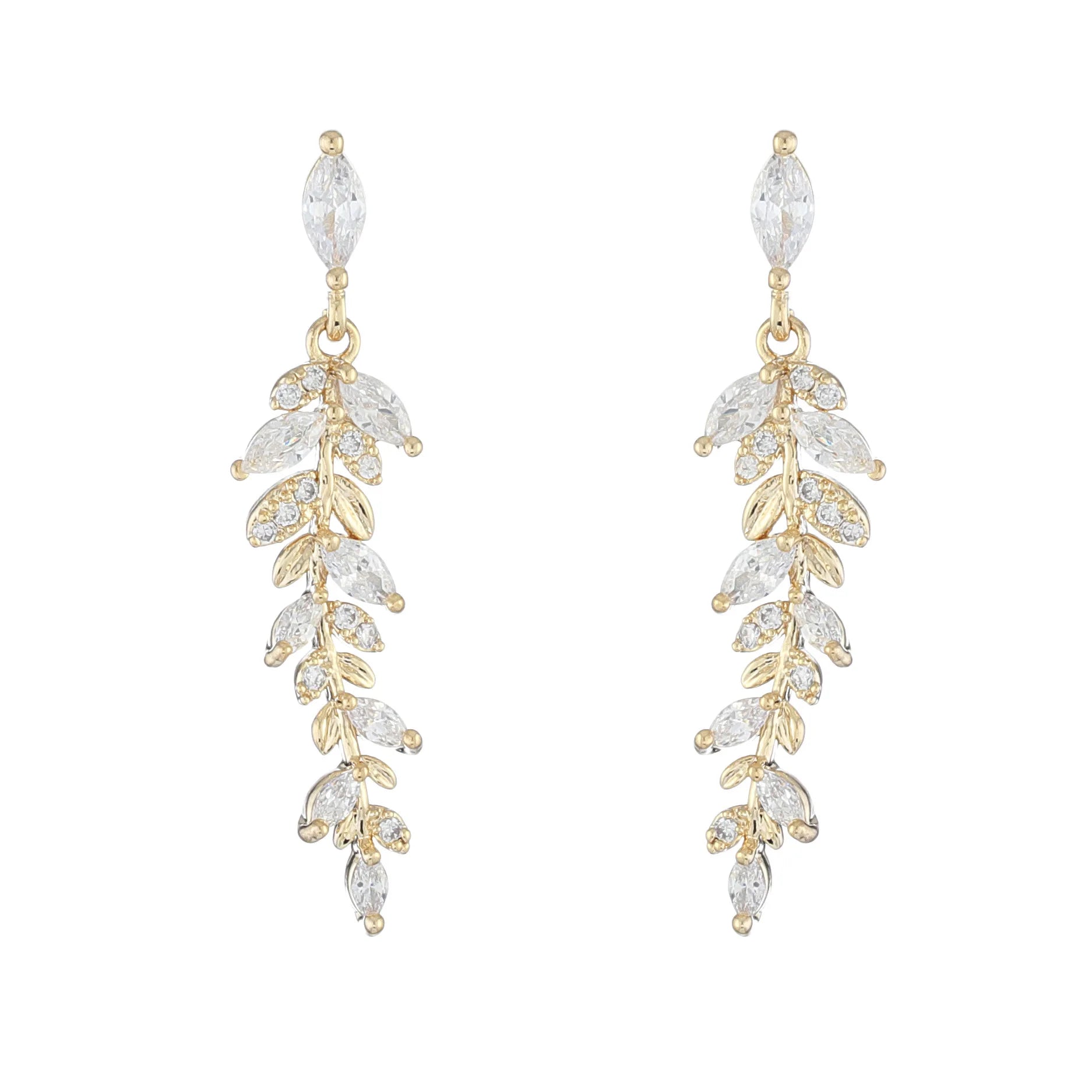 Korean Exquisite Tiny 14k Real Gold Crystal Leaves Earrings Cubic Zirconia Leaf Drop Earring for Wedding