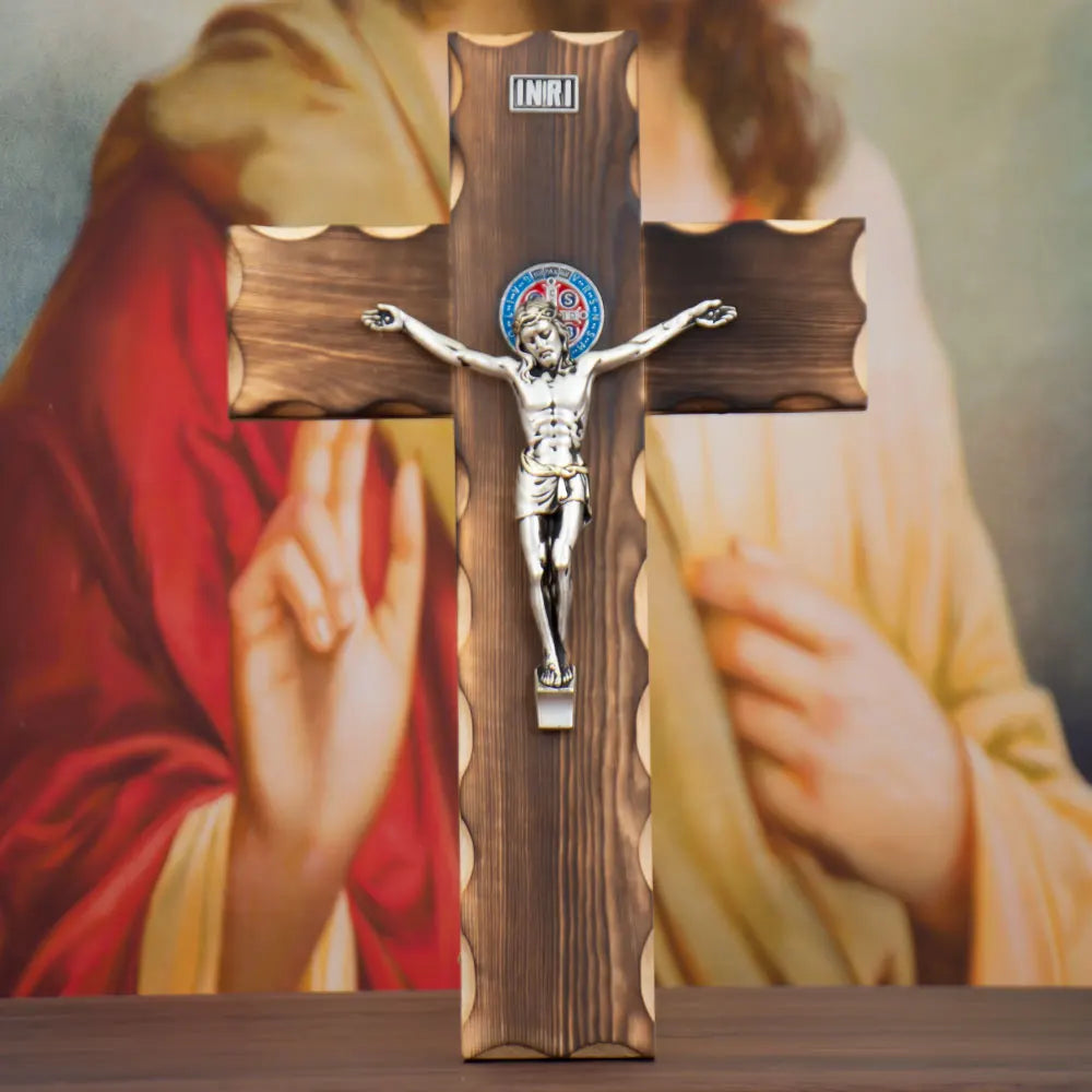 Silver Catholic Jesus Crucifix Sculpture Smoked Wood Cross Wall-Mounted Religious Art Home Chapel Prayer Room Sacred Decor