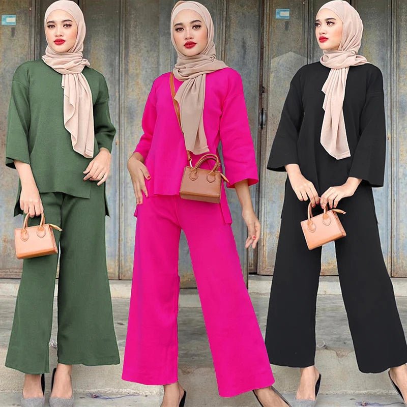 Latest Islamic Muslim Woman Tunic and Pants Set Solid Color Malaysia Indonesia Modest Clothing Knitted Muslim 2 Piece Set