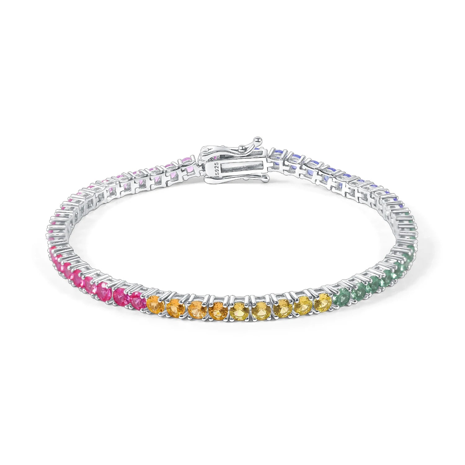 Luxury Jewelry Factory 925 Sterling Silver Colored Lab Gemstone Sapphire Custom 3mm Tennis Chain Rainbow Tennis Bracelet