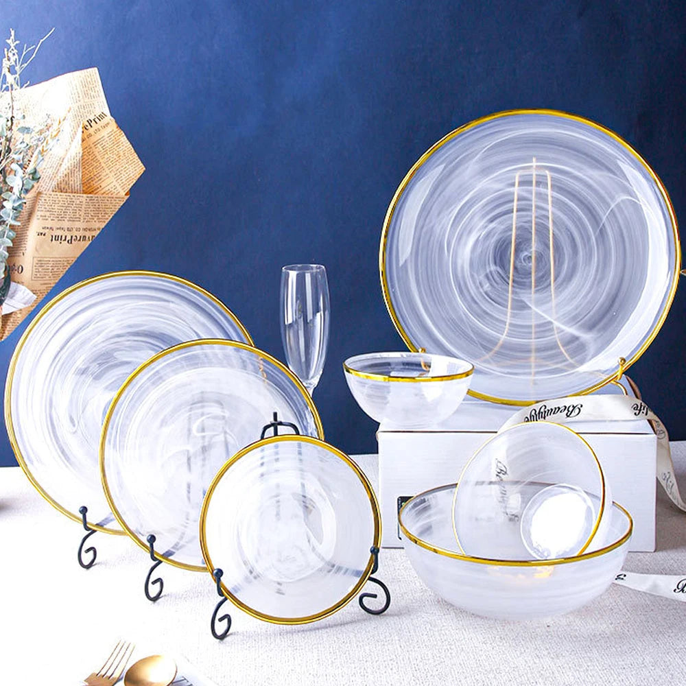 Wholesale Nordic Luxury 7PCS Tableware Gold Rim Black White Smoke Pattern Glass Plate Charger Plates Dinnerware Sets for Wedding