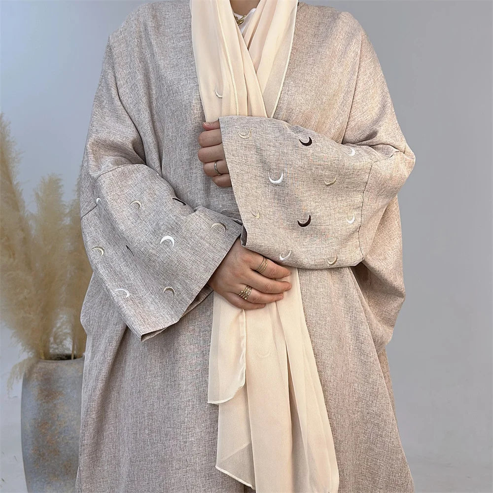 Embroidery Linen Abaya Match Premium Hijab Islamic Clothing EID Ramadan Kimono Natural Breathable Cardigan Moon Abaya