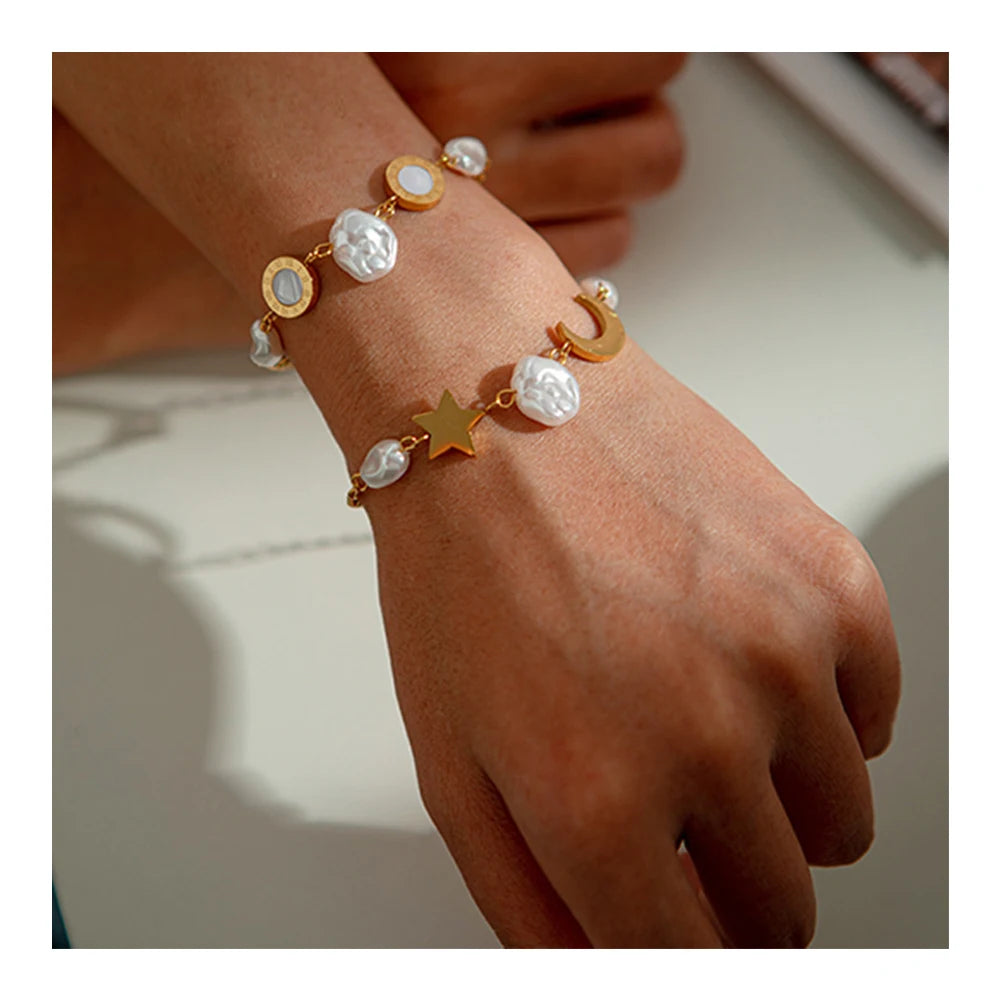 Stainless Steel Jewelry 18K Gold Plated Star Moon Waterproof Paper Clip Chain Butterfly Irregular Pearl Bracelet YF3409