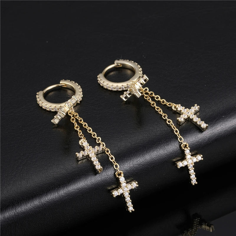 Deipshipping Hip Hop Fashion Drop Earrings Iced Out Cross Pendant with Dangling Cruz De Arete for Men and Women