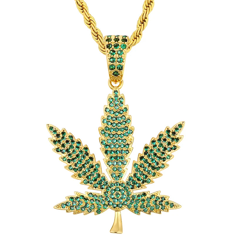 Marine Style Jewelry Necklace Green Maple Leaf Pendant Personalized Color Zircon Pendant Necklace