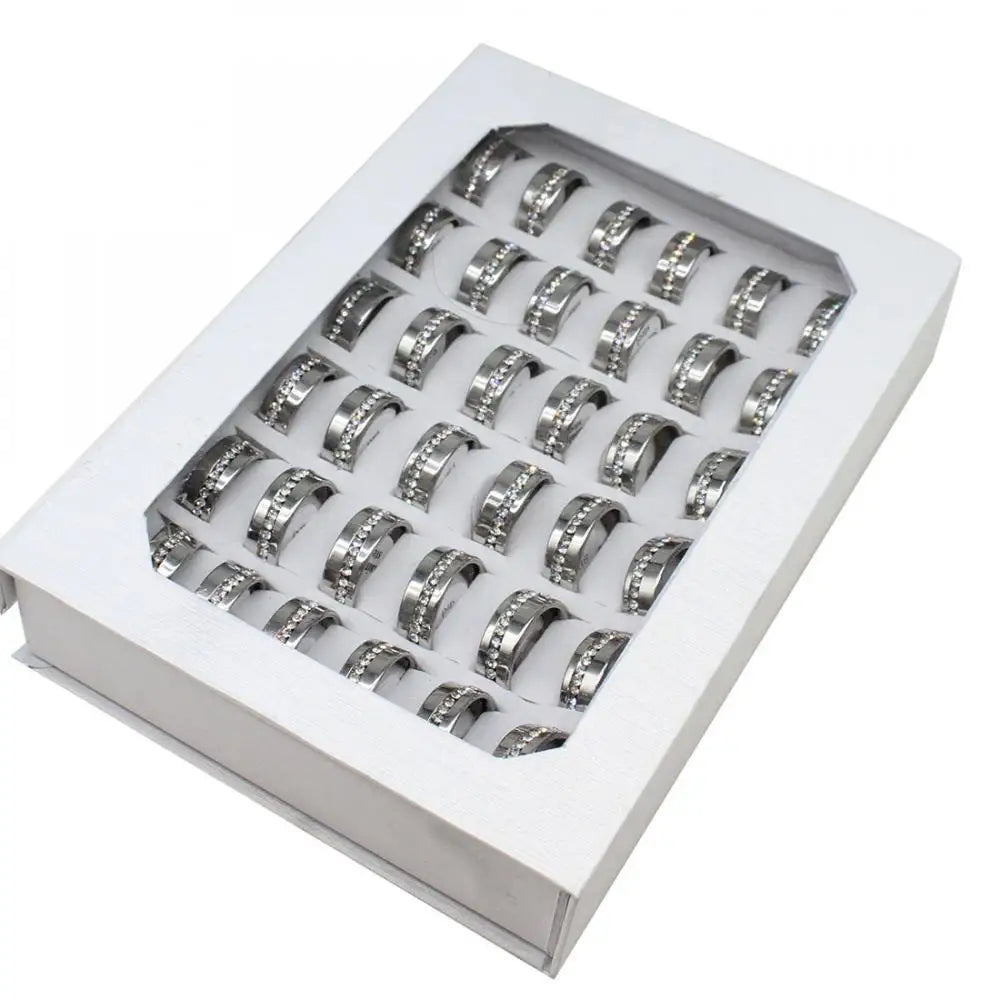 Stainless Steel Mens Ring Rhinestone Ring Unisex Fashion Jewelry Mixed Colors 8mm 36PCs/Box