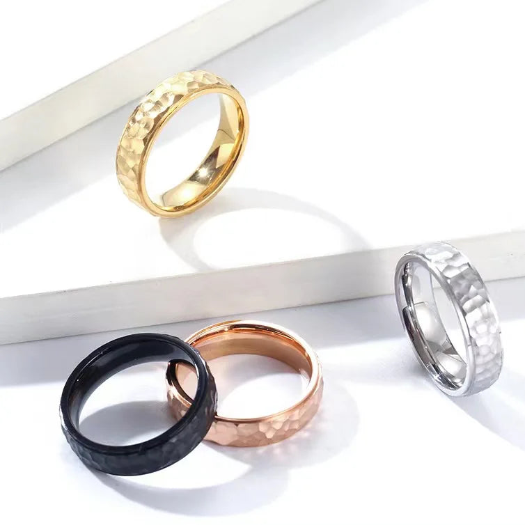 Fashion Hammered Irregular Rings Figure 6MM Width Hammering Pattern Stainless Steel 18k Gold Plating Ring