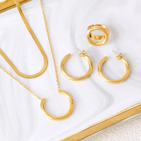 Women 18k Gold Plated Jewelry Set Stainless Steel 3 Pcs Tarnish Free Round Necklace Bracelet Ring Set