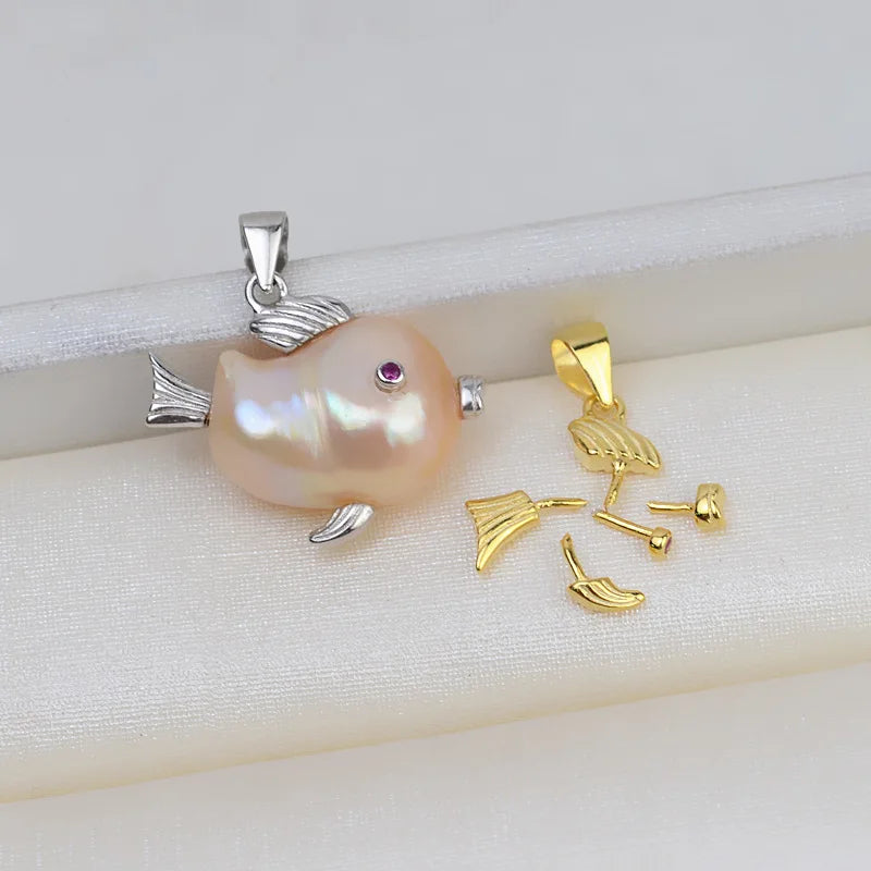 Handmade 925 Silver Baroque Pearl Pendant Small Fish Shaped Empty Holder Accessories Female 1738 Necklace DIY Bead Caps Jewelry
