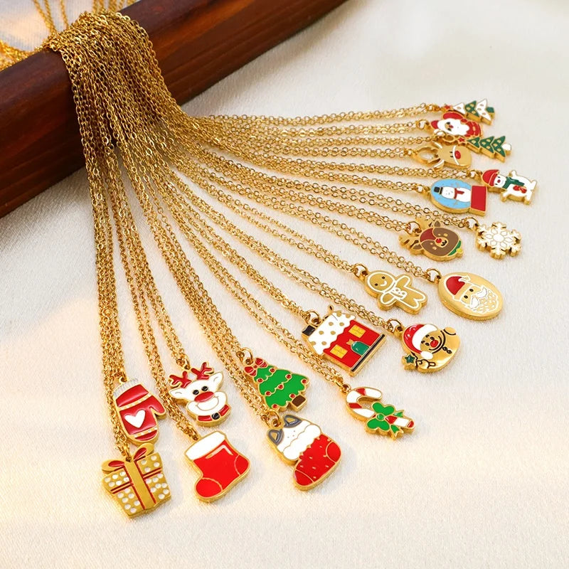 COOL Cute Cartoon Christmas Reindeer Bell Snowflake 18K Gold Plated Stainless Steel Pendant Necklace Women Child Fashion Jewelry MegaBDM