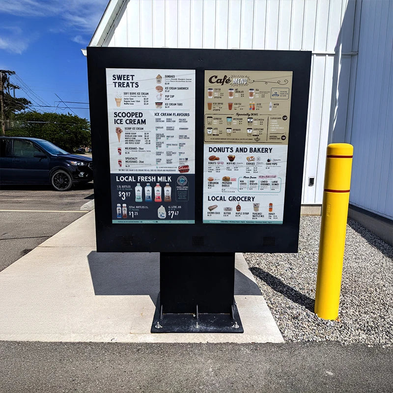 Dual Display Drive-Thru Menu Board Waterproof Outdoor Digital Signage LCD Totem Kiosk Windows Speaker Shopping Malls Elevators