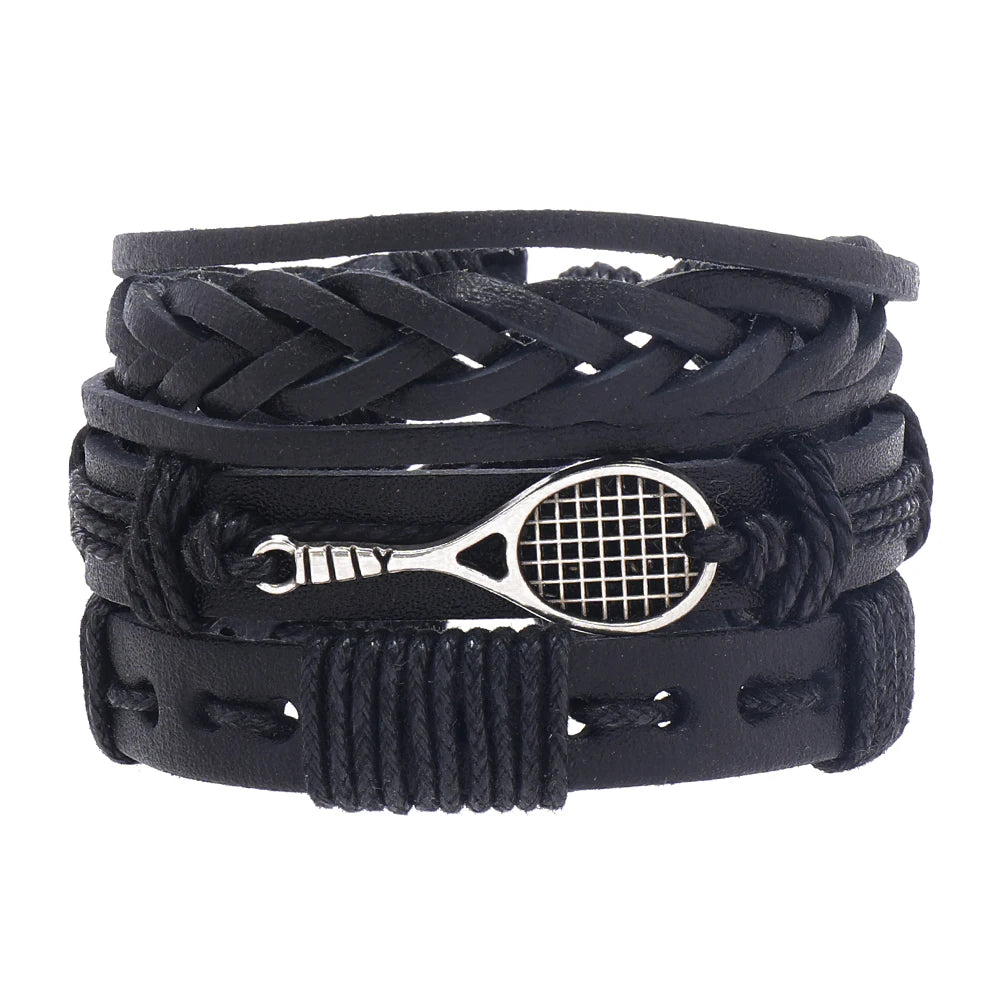 Customizable Men's Punk Leather Tennis Racquet Bracelet New Design Fashion Charm Bracelets Adjustable Size Black Color