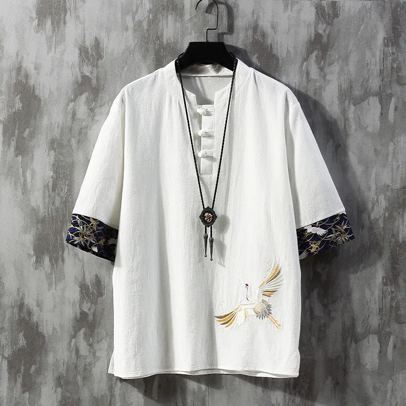 M-5XL Linen Short Sleeved T-shirt Men's Embroidery Summer Loose Large Tang Clothes Chinoiserie Men's Streetwear T-shirt