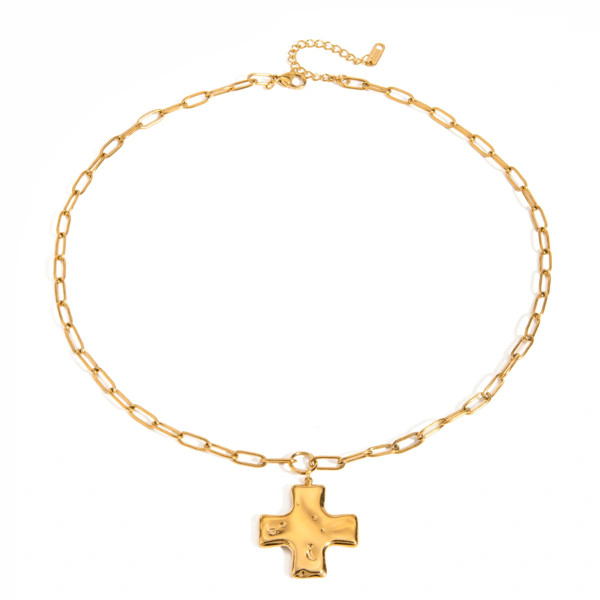 N&S 18K Gold Hammered Cross Pendant with Paperclip Chain Bold Stainless Steel Fashion Jewelry Necklace 44.5+5cm