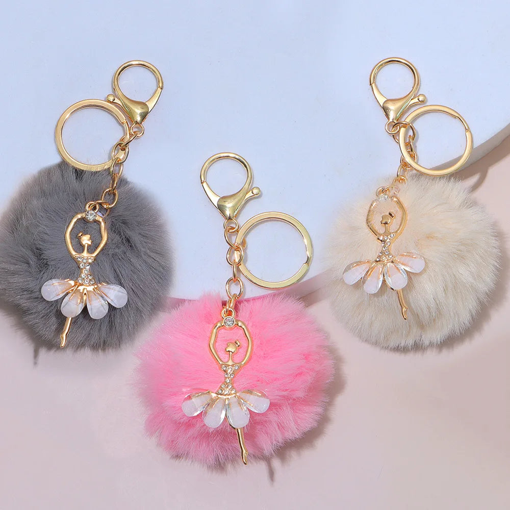 Cute Rhinestone Ballet Girl Ball Shape Soft Plush Keychain with PomPom Design Car Key Accessories