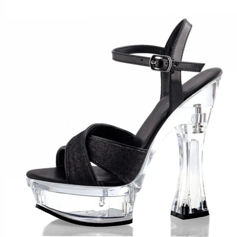 Silver thick heel T-stage model show high heels crystal platform 14cm Club Party Fashion Women's leaky toe summer large sandals