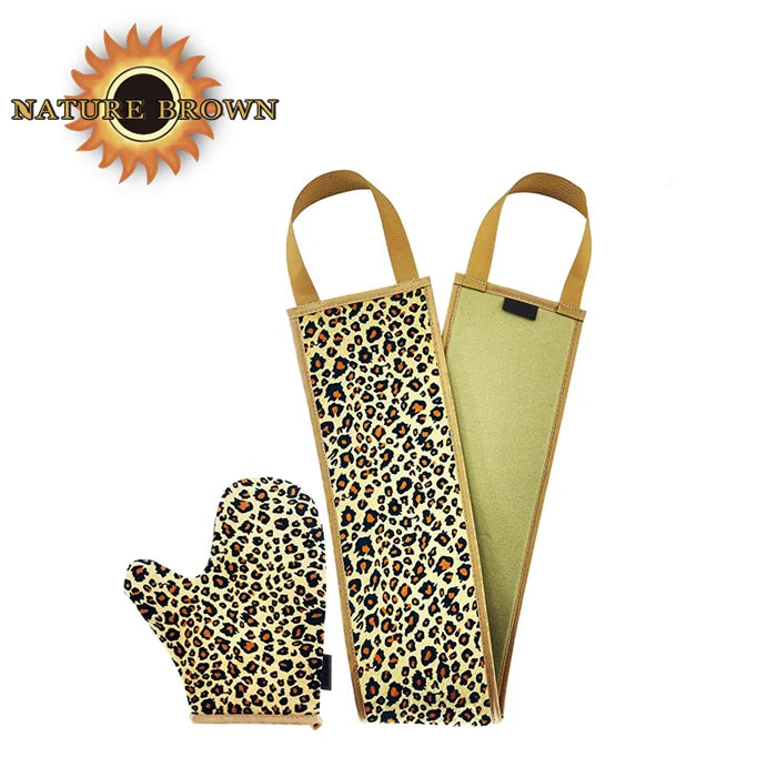 Custom 2 Piece Set Soft Velvet Tanner Body Sunless Tan Self Tan Back Applicator Brown Leopard Print Self Tanning Mitt Glove Set