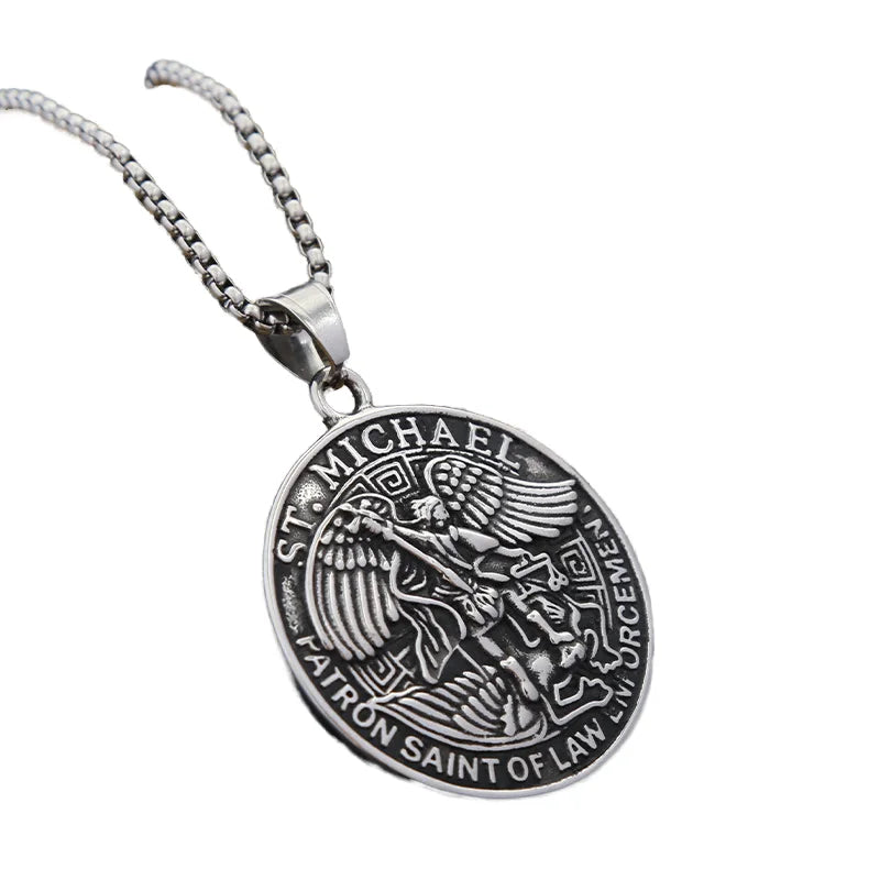 Classic Design Arch Angel St. Michael Pendant Necklace Vintage Stainless Steel Cross Wing Top Men Women Amulet Jewelry