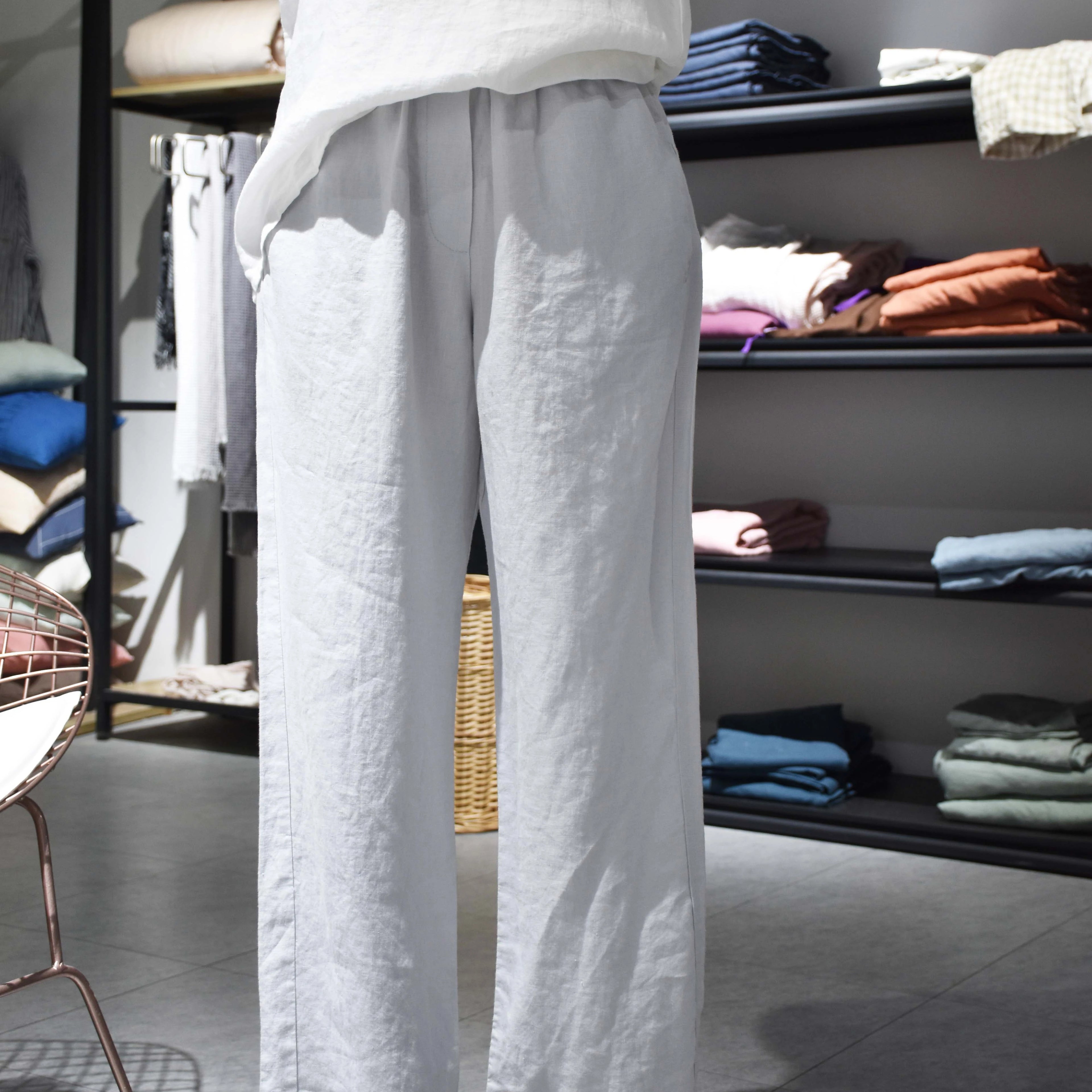 100% Luxury French Linen Flax Women White Pajamas Unisex Elasticated Waist Pure Linen Trousers