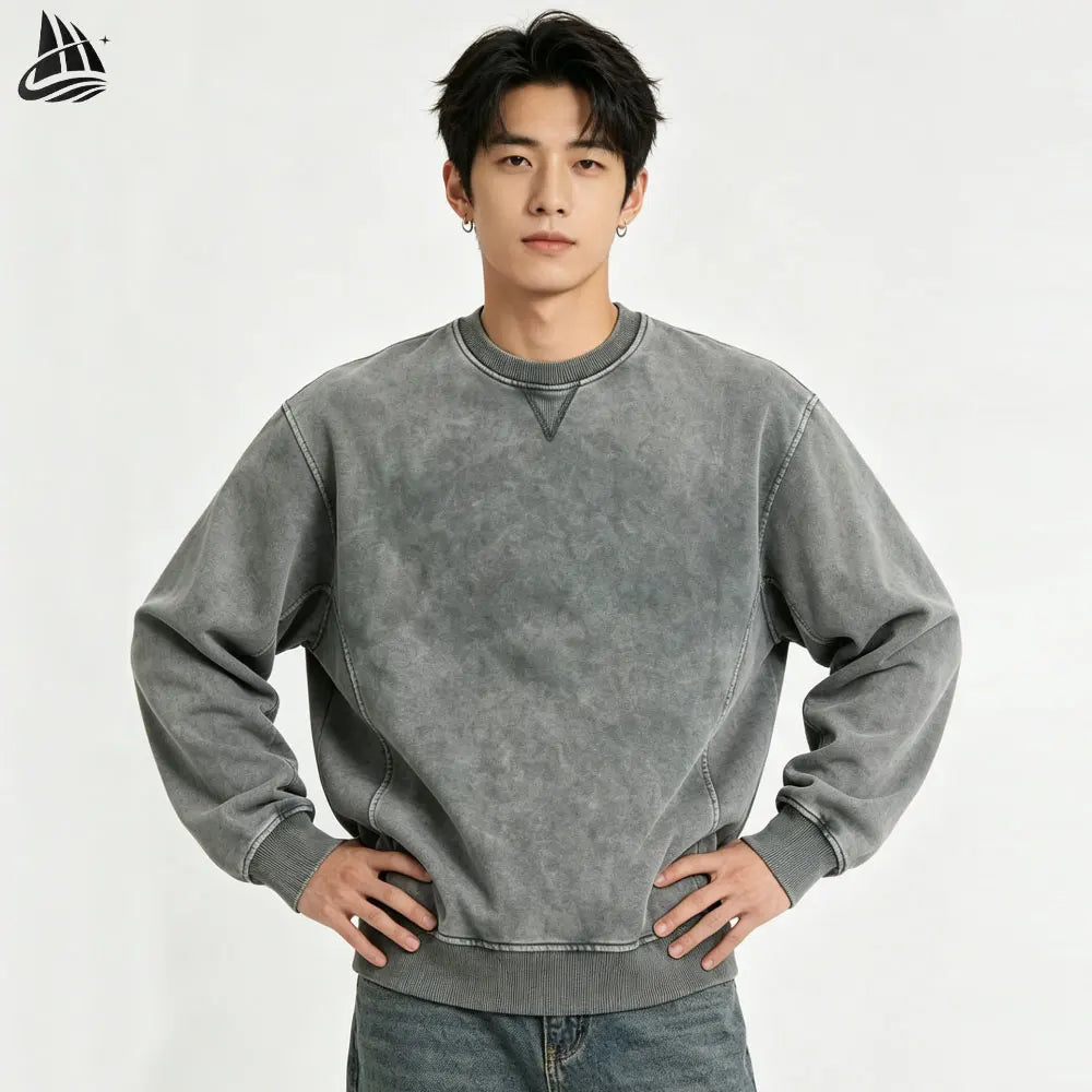 Custom 100% Cotton Crew Neck Pull Over Washed Sweatshirt for Men
