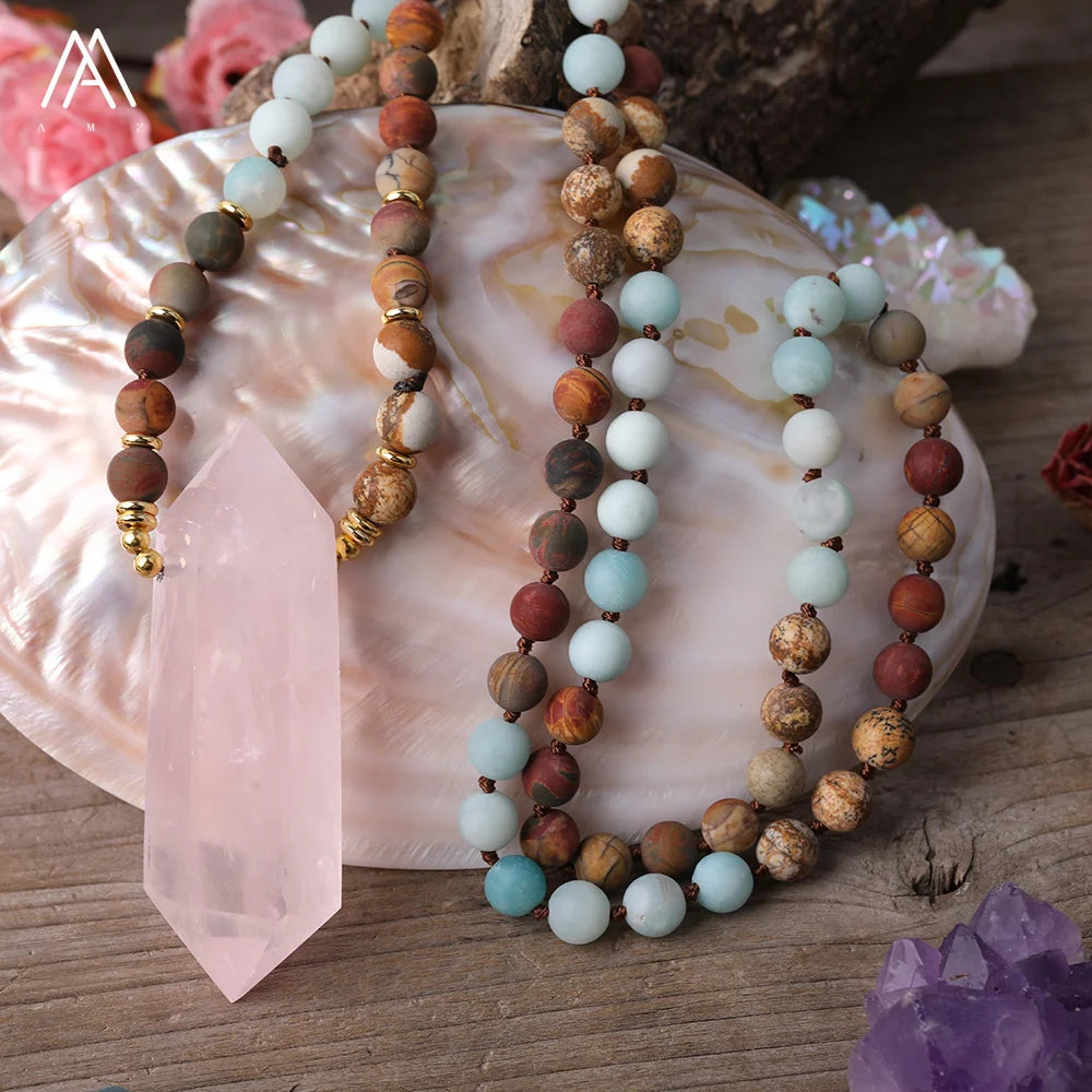Heal Classic Rose Quartz Crystal Mala Necklace Matte Prayer Beads Yoga Jewelry for Wedding & Party Gifts