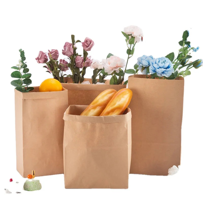 Biodegradable Florist Stand up Flower Kraft Paper Bag Custom Print Logo Restaurant Oil Proof Thick Kraft Paper Bag Food Delivery