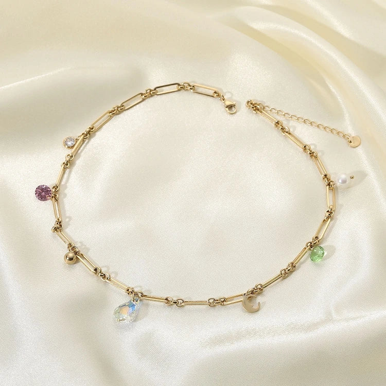 G509 14K Gold Hollow Long Chain Color Zircon Pendant Drop-Shaped Glass Charm  Women Necklace