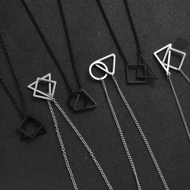 Creative Geometric Interlocking Necklace for Mens Simple Cool Jewelry Stainless Steel Round Square Triangle Necklace