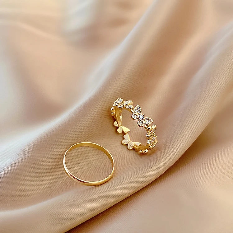 G266 Fashion Design Rhinestone Butterfly Open Jewelry Rings Set Adjustable Women Ring