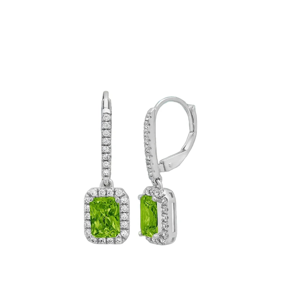 Designer Unisex Emerald Cut Halo Solitaire Earrings Genuine Natural Green Peridot Flawless White Gold Lever Back Drop Wedding