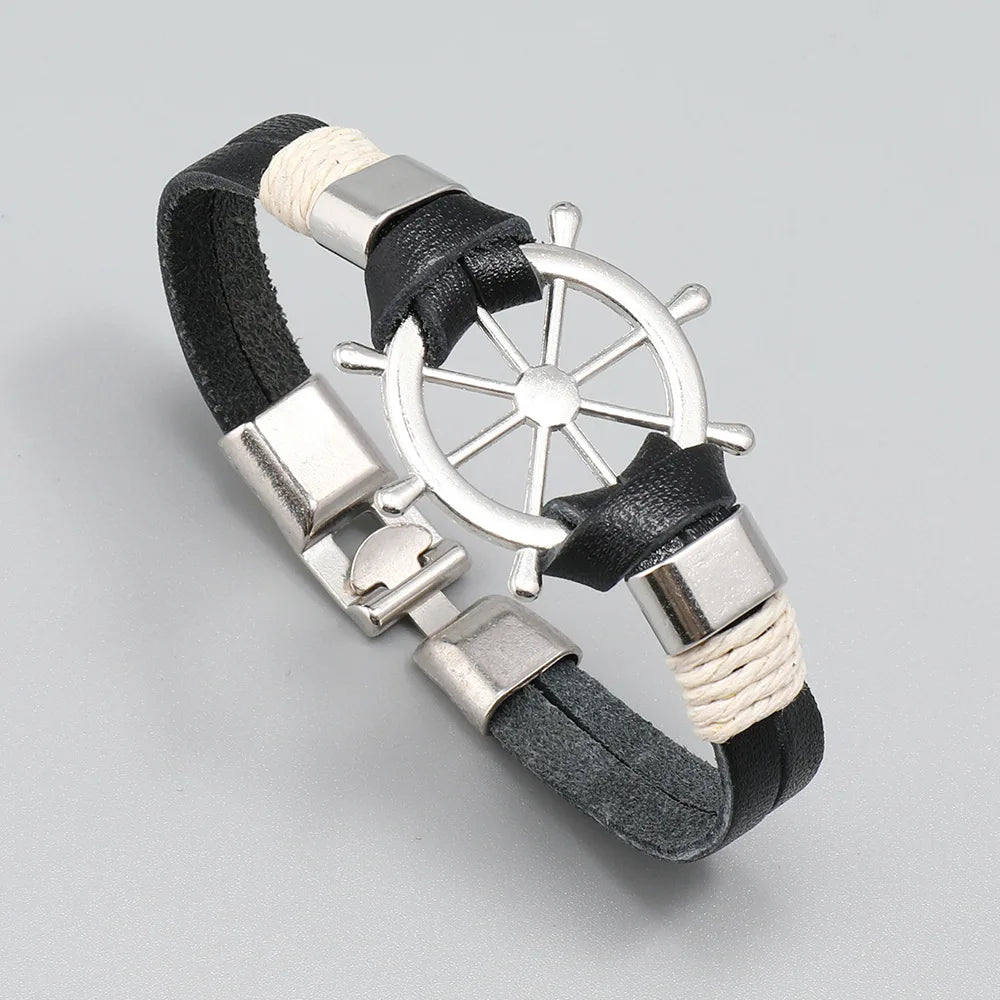 Handmade Men's Fashion Cuff Bracelet Genuine Leather with Alloy Lock Rudder Charm Woven Design Fashionable Bangle & Bracelet