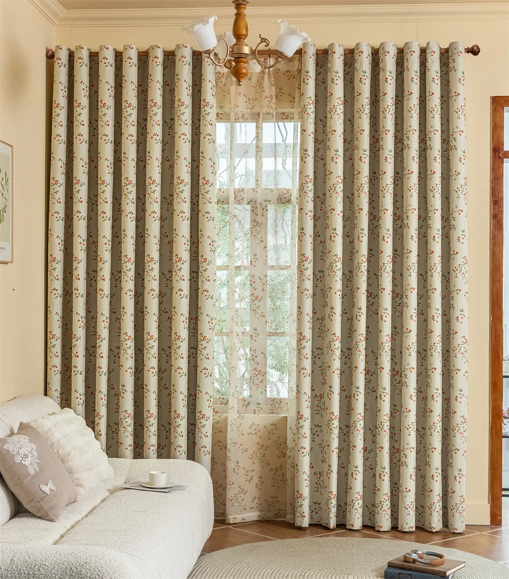 New Arrival 100% Polyester Full Blackout Floral Curtain Drapes Beige Printed Flower Curtain for Home Window Decoration