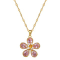 Fashion Gold Color Stainless Steel Necklace for Women pink Crystal Flower Pendant Clavicle Chain Jewelry