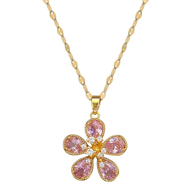Fashion Gold Color Stainless Steel Necklace for Women pink Crystal Flower Pendant Clavicle Chain Jewelry