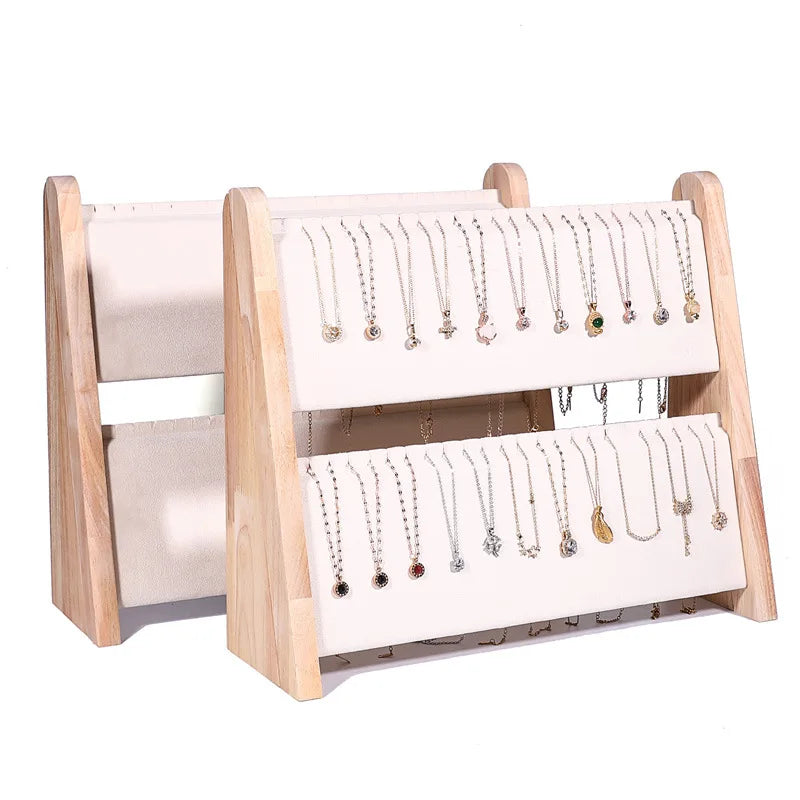 Wooden PU Leather Pendant Necklace Jewelry Display Beige Velvet Bracelet Two Layers Display Stand