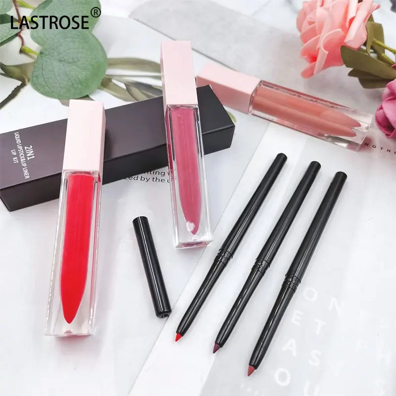 30 Color Non-Stick Cup Liquid Lipstick and Lip Pencil Set Long Lasting Lip Gloss Lip Liner Kit with OEM Logo