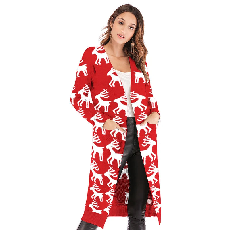 Custom LOGO Women Christmas Sweater Leopard Print Knitwear Casual Long Sleeve Jumper Winter Christmas Cardigan Sweater