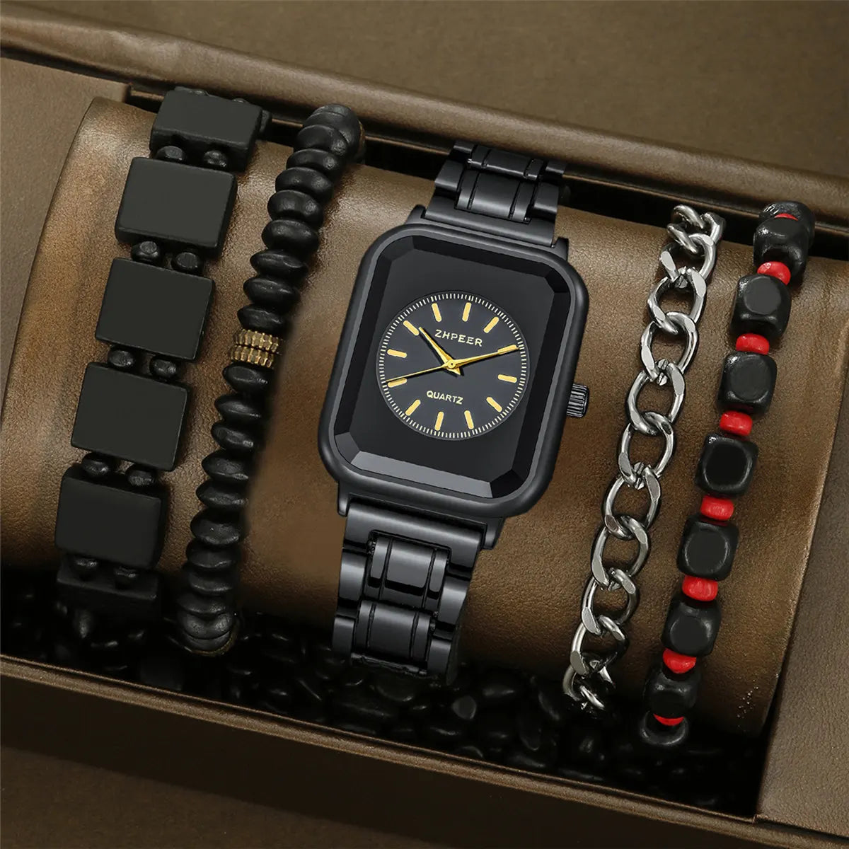5Pcs/Set Fashion Men Square Wrist Watch Creative Quartz Watches Vintage Beaded Bracelets Link Chain Bracelet Set (WT2267)