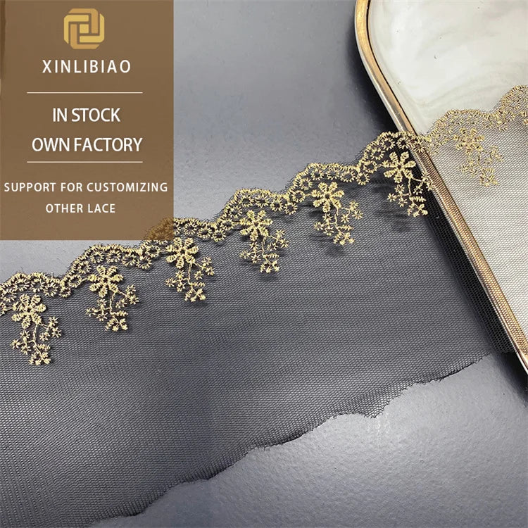 Black Mesh Fabric Gold Thread Water-soluble Lace Factory Direct Sales High-quality Mesh Fabric Embroidery Lace