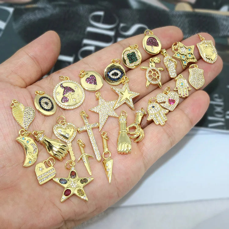 HH1014 Dainty 18k Gold Plated CZ Cubic Zirconia Heart Mushroom Disc Star Moon Fist Hands Shield Charm Pendant for Women Necklace