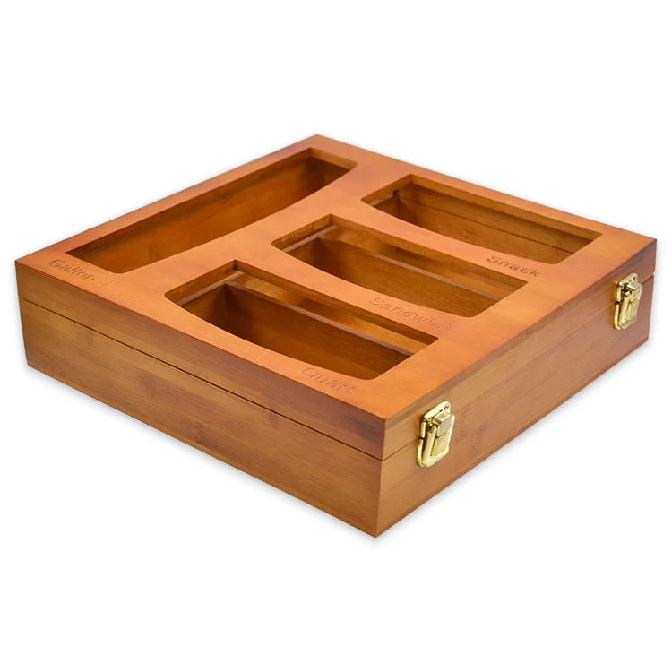 Kitchen Bamboo Ziplock Food Bag Storage Drawer Organizer Foil Organizer With Cutter Sandwich Gallon Snack Bag Storage Organizer