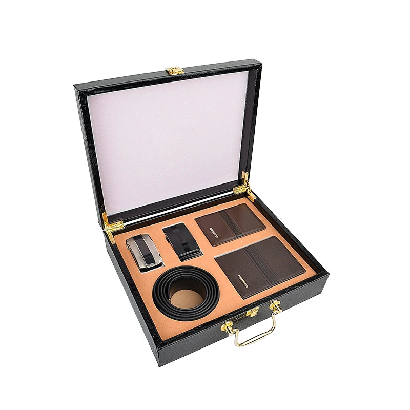 Promotional Items With Three-piece (Leather Belt + Wallet+ Business Card Bag for Men Birthday Gift or Father Day Gift High End