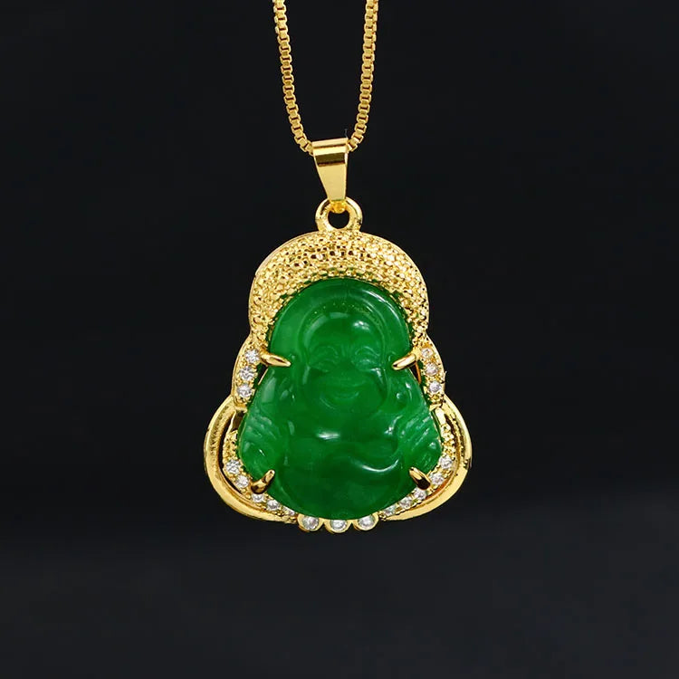 Brass Buddha Pendant Necklace Multi Color Natural Jade Religious Maitreya Jade Pendant Buddha Necklace