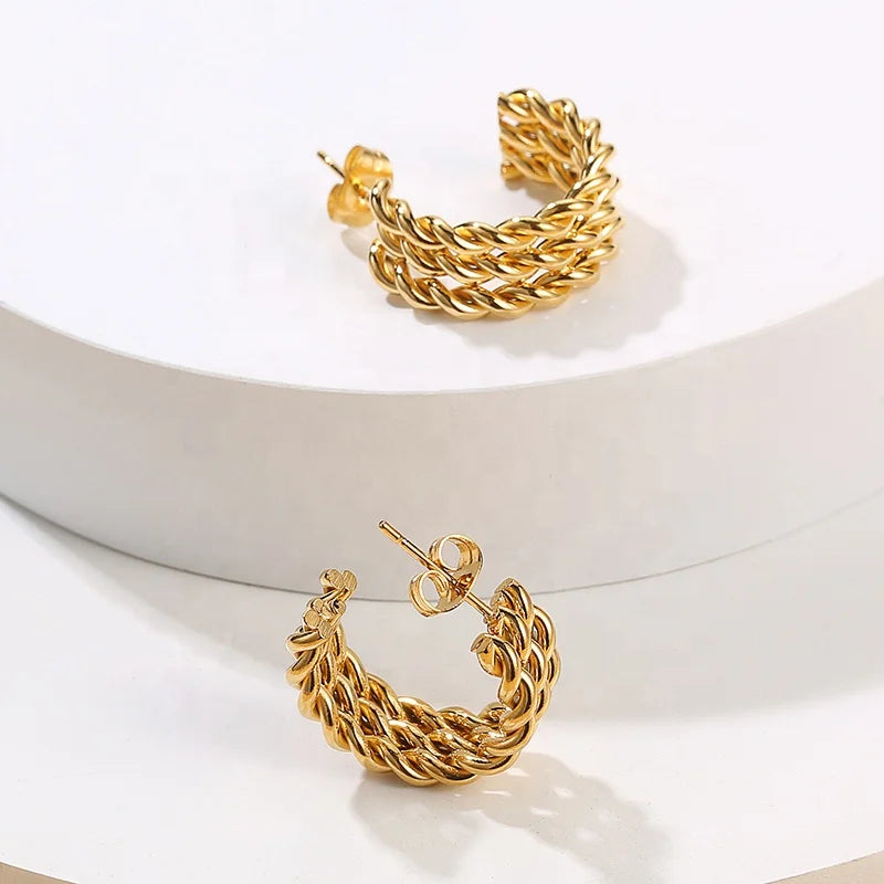 High Quality Non Tarnish Free Waterproof Jewelry Stainless Steel 18K Gold Plated Triangle Twisted Wire Rope Chain Hoop Earrings